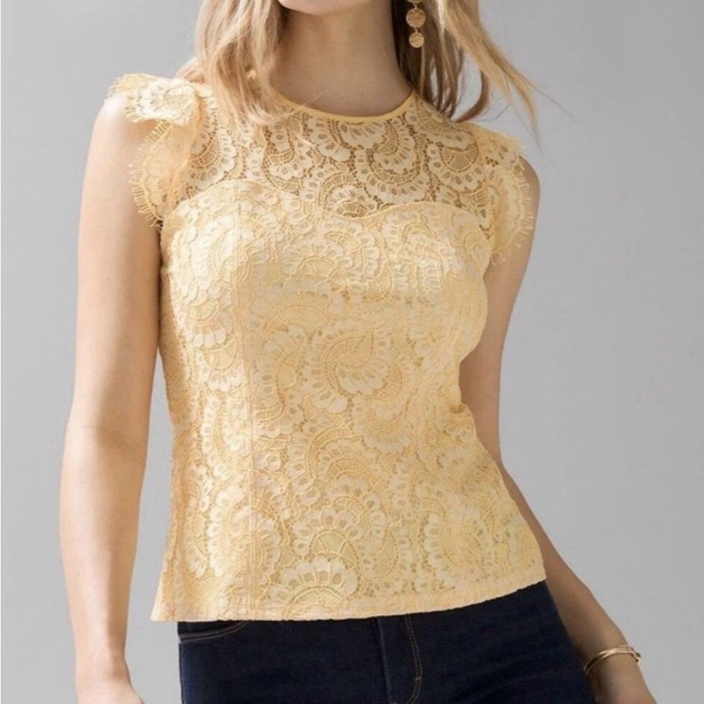 White House Black Market Yellow Lace Top Sleeveless Ruffle Crewneck NWT 10 WHBM